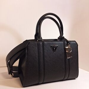 Guess Black Textured Dome Satchel with Gold Accents